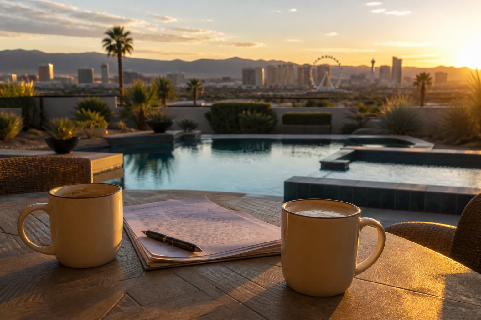 Patio overlooking a Las Vegas backyard pool