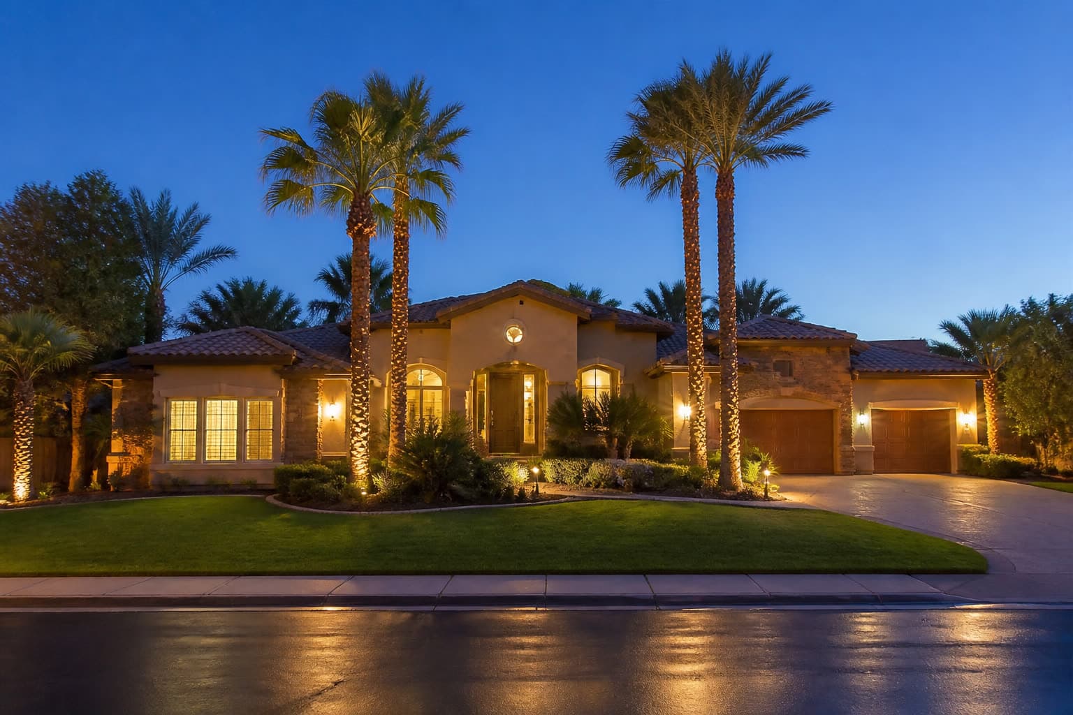Twilight curb appeal of a Las Vegas home prepared for listing