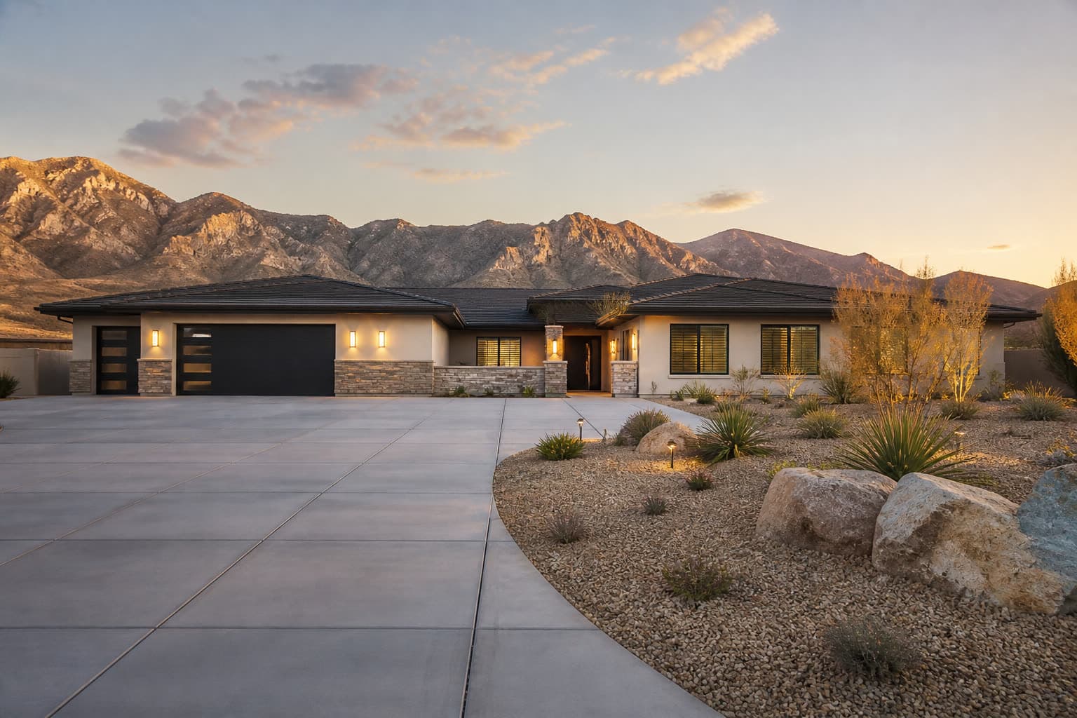 Single-story ranch-style Las Vegas home with desert landscaping