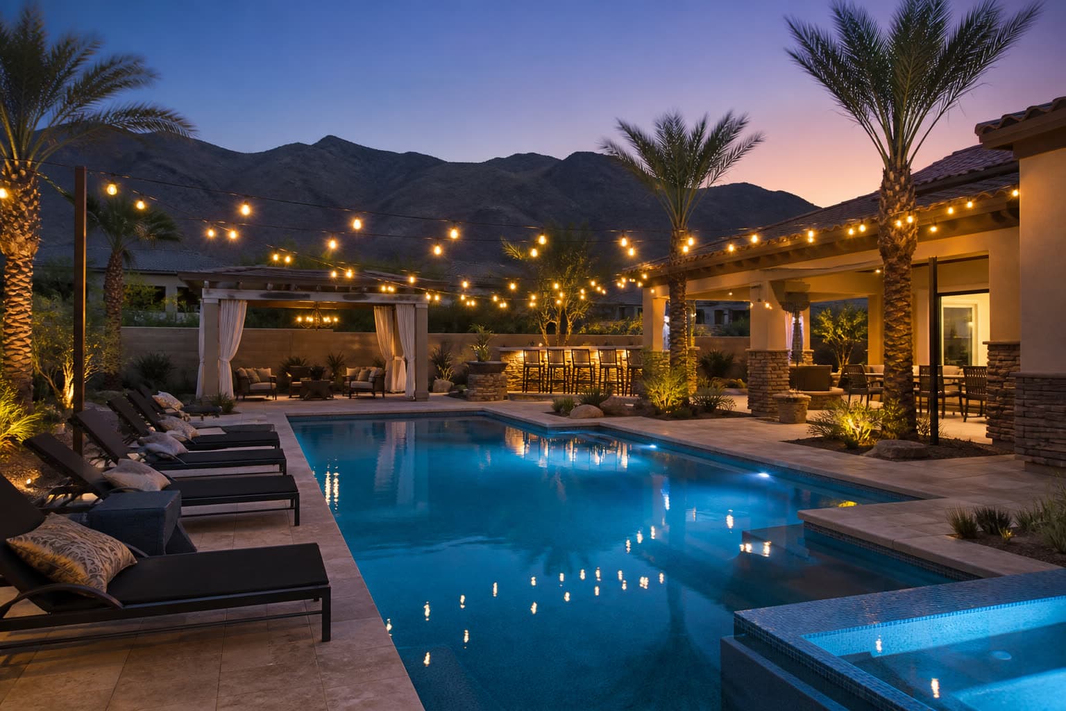 Resort-style Las Vegas vacation rental pool at dusk