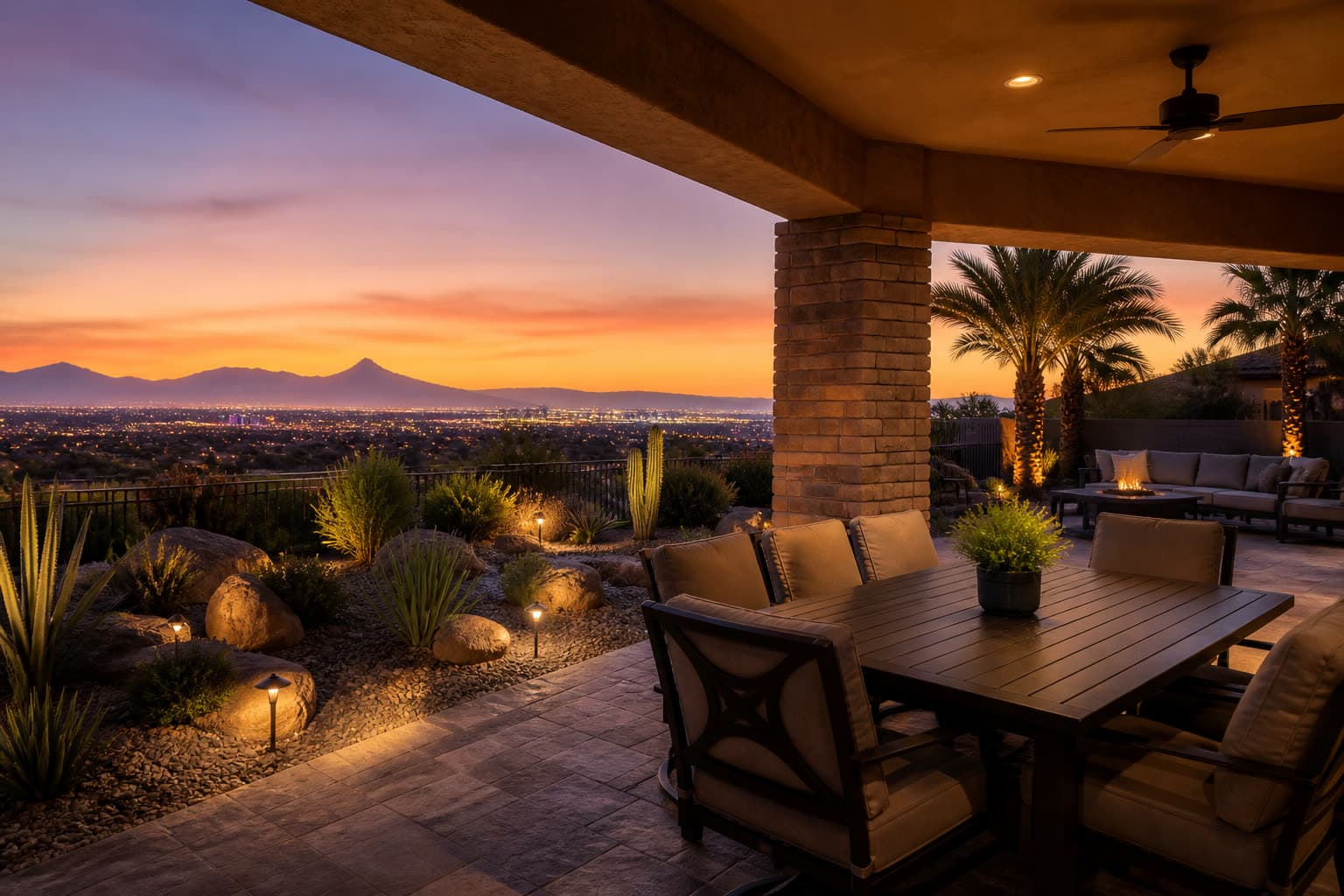 Covered Las Vegas patio with desert landscaping and mountain view